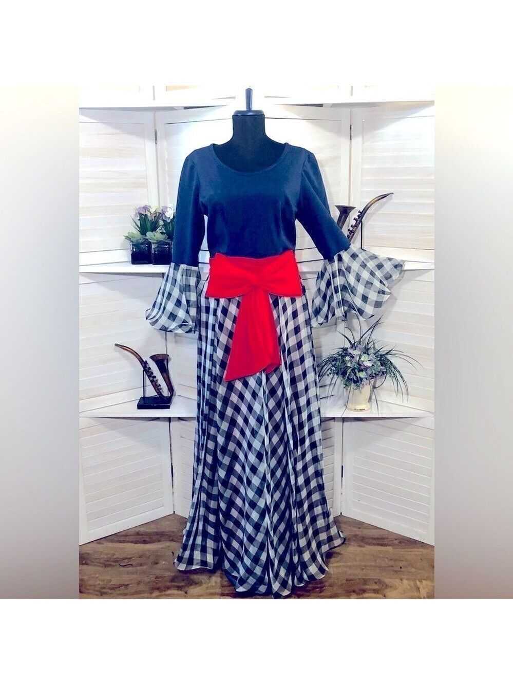 Vintage 70s boho Maxi Dress chiffon trumpet sleeve bow Blue Gingham cottage M